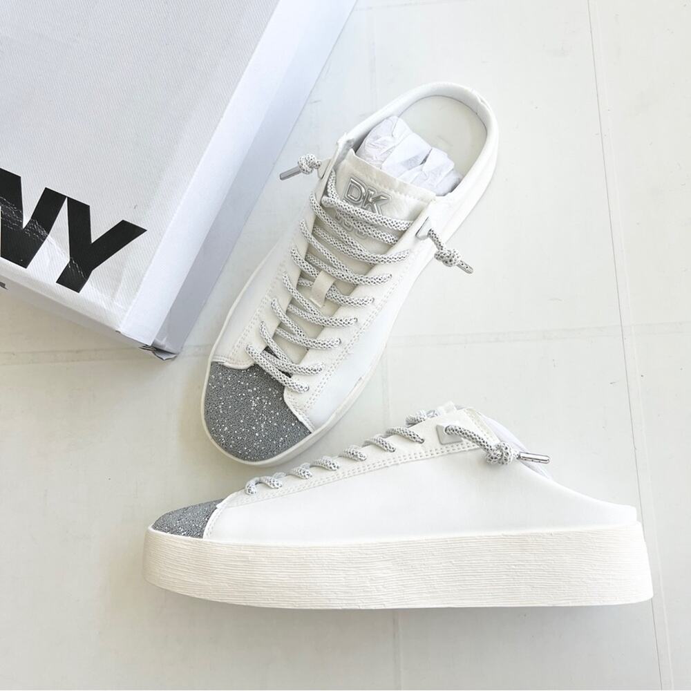 New DKNY Garren Sneaker Slip-On Mule Shoes Women’s SIZE 8.5 White Silver Glitter - Picture 2 of 11